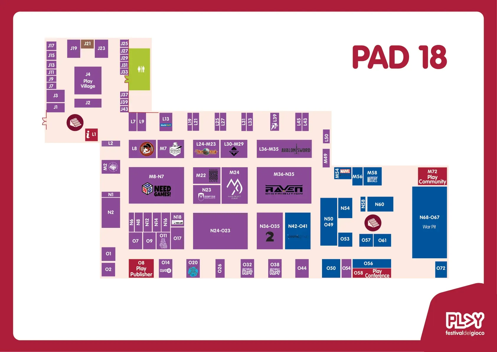 Mappa del Padiglione 18 del Play 2026, con la sezione J11–J13 dedicata all'Area Vampiri